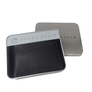 Perry Ellis Mens Black Leather Bifold Passcase Wallet with Metal Gift Tin